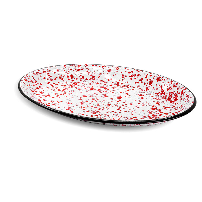 Red Co. Enamelware Metal Classic 13" Serving Oval Tray Platter, Red Marble/Black Rim - Splatter Design