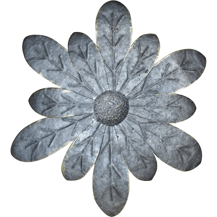 Zinnia Dimensional Antique Tin Galvanized Metal Flower Petals Hanging Mounted Wall Décor Wreath, 12 Inches