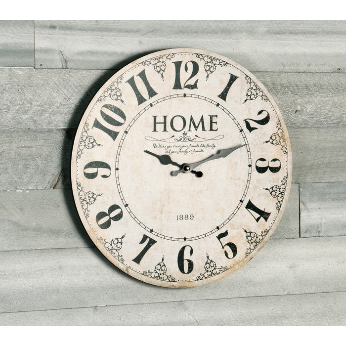 Home 1889 — Round Wood Style Wall Clock - Farmhouse Rustic Home Decor - 13 Inches Diameter