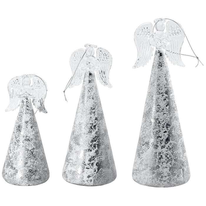 Red Co. Glass Christmas Holy Angel Figurine Ornaments in Silver Finish, Light-Up Holiday Season Decor, 9.5-inch, 8-inch, 6.5-inch, Set of 3