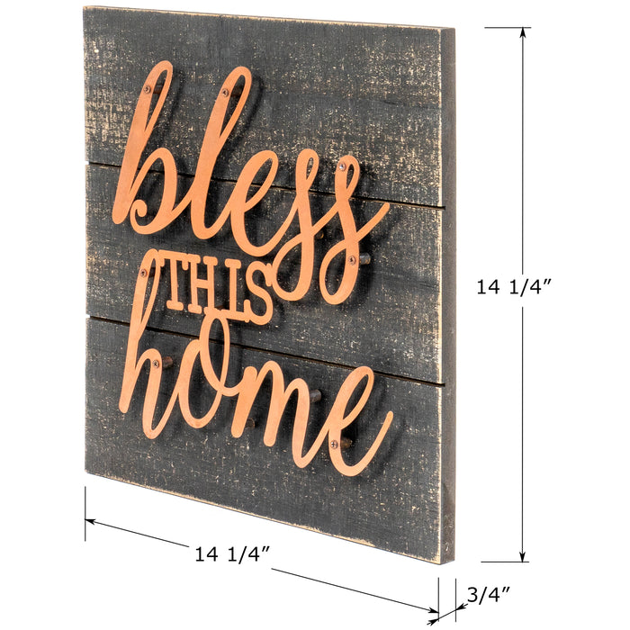 Red Co. Decorative Wall Plaque 14.25" x 14.25" Square Black Wooden Décor Sign with Bronze Letters- Bless This Home