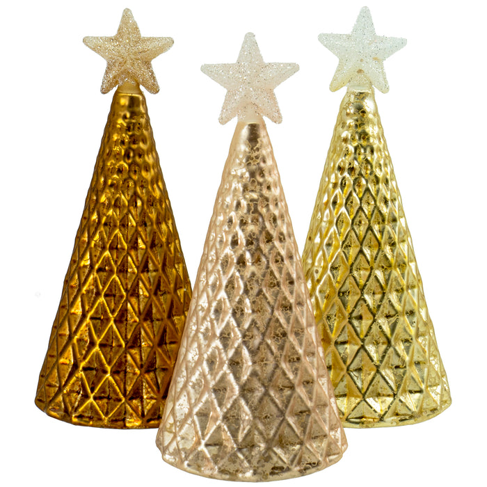 Red Co. Glass Christmas Tree Figurine Ornaments in Gold Finish with Shiny Stars, Tabletop Holiday Season Decor, 6.5 Inches, Set of 3