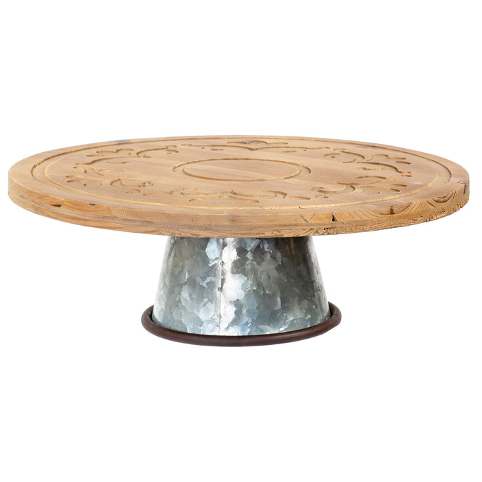 Red Co. Dessert Stand, Wood Carved, Round Shape with Dutch Pattern Carving and Galvanized Metal Bottom