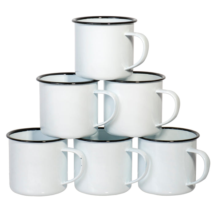 Small White Distressed Enamelware Tin Coffee Mugs with Colored Rim, Set of 6