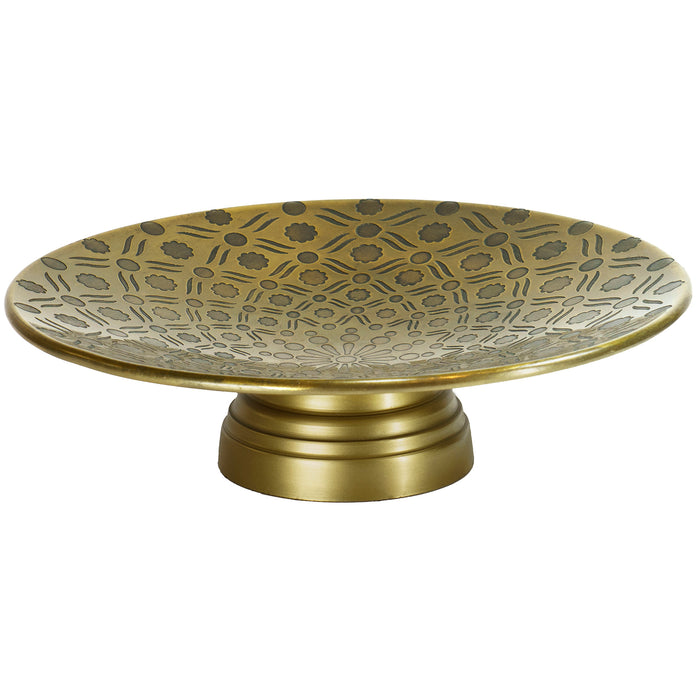 Red Co. Round Gold Metal Decorative Pedestal Plate with Embossed Surface, for Centerpiece Living Room Décor - 10.25 Inches