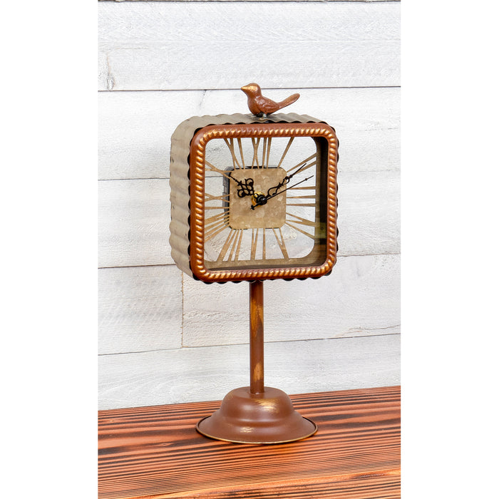 Red Co. Rustic Home Décor Galvanized Metal Battery Operated Table Pedestal Clock with Bird