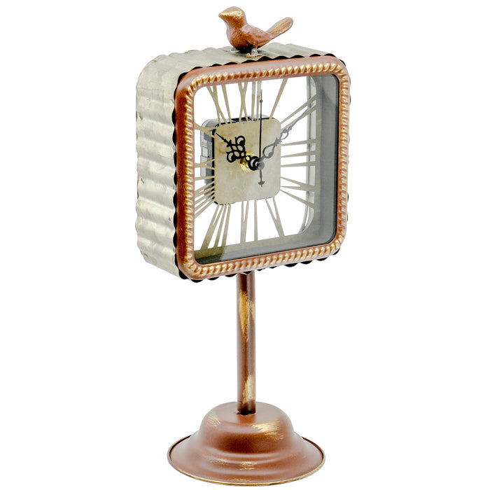 Red Co. Rustic Home Décor Galvanized Metal Battery Operated Table Pedestal Clock with Bird