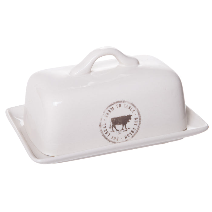 Casual Country Stoneware Butter Dish, Glazed Ceramic White with Cow Logo, 6-inch