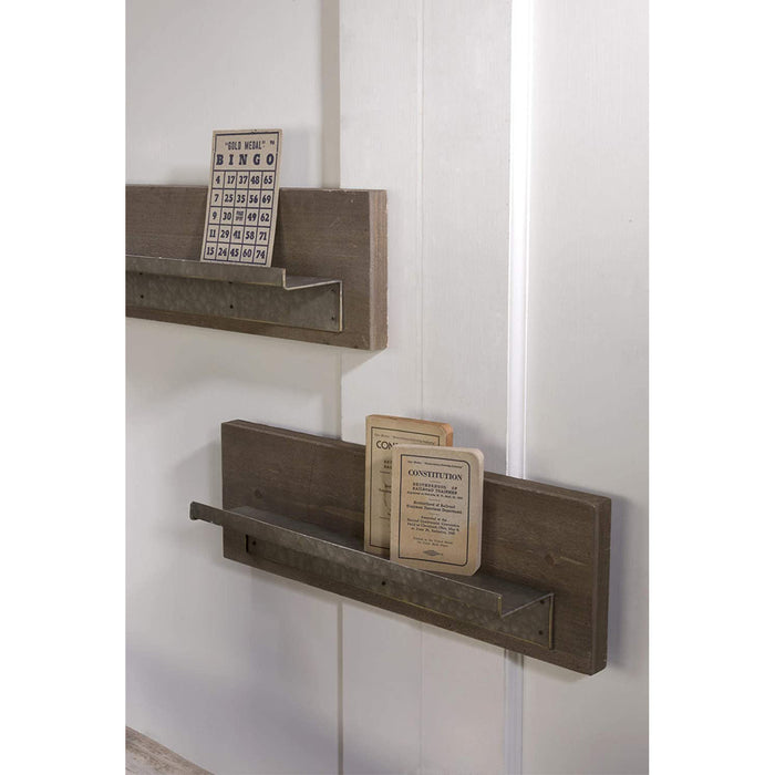 Set of 2 Floating Wood Shelves with Metal Ledge, Farmhouse Rustic Home Décor