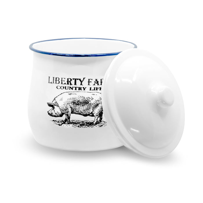 Red Co. All-Purpose Small Metal Canister with Liberty Farm Country Life Logo and Lid, Solid White/Blue Rim, 6-Inch