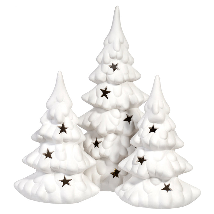 Red Co. Set of 3 Porcelain White Decorative Christmas Trees with Warm LED Glow