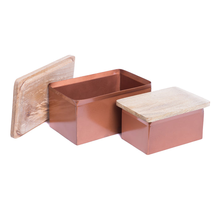 Rustic Brushed Metal Decorative Aluminum Box with Wood Lid, Copper Finish, Set of 2 Sizes, 6-inch & 8-inch