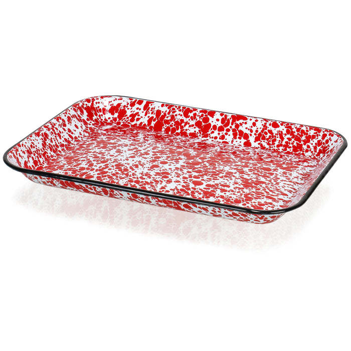 Red Co. 13.5” x 10” Enamelware Metal Classic 1.6-Quart Rectangular Serving Tray with Black Rim – Splatter Design
