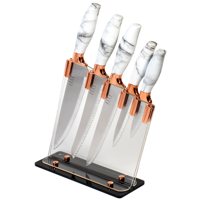 Everyday 5-Piece Stainless Steel Blades Knife Set, Marble Design Painted Handles with Rose Gold Accents in Stylish Acrylic Stand