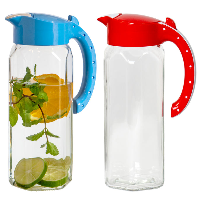 Red Co. Set of 2 Durable 50 Oz Glass Pitcher with Easy Refill Lid,  Drip-Free Hot Cold Water Jug, Juice and Iced Tea Beverage Carafe