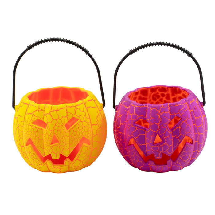 Halloween Mini Trick or Treat Pumpkin Candy Bucket for Children with Flashing Light and Evil Laugh Sound, 3.5" H - 2 Pack