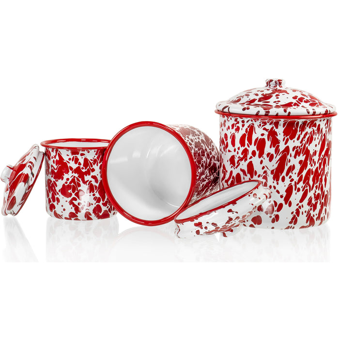 Red Co. Red Splatter Enamelware Mug Pots with Lid - Set of 3 Nesting Cups, Perfect for Picnic, Camping, Outdoor Activity