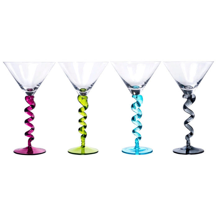 Unique Handcrafted Martini Glasses with Multicolored Twisted Stems, 8-Ounce, Set of 4