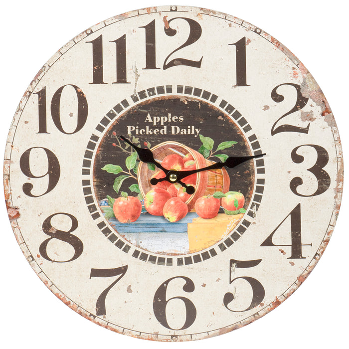 Apples Picked Daily — Round Wood Style Wall Clock - Farmhouse Rustic Home Decor - 13 Inches Diameter