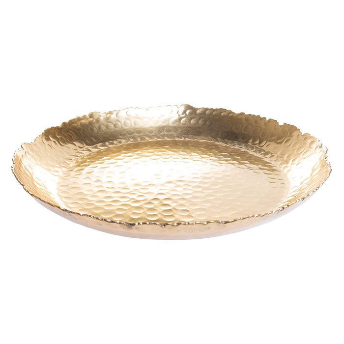 Red Co. Golden Round Hammered Metal Decorative Serving Tray with Jagged Rim – 13”