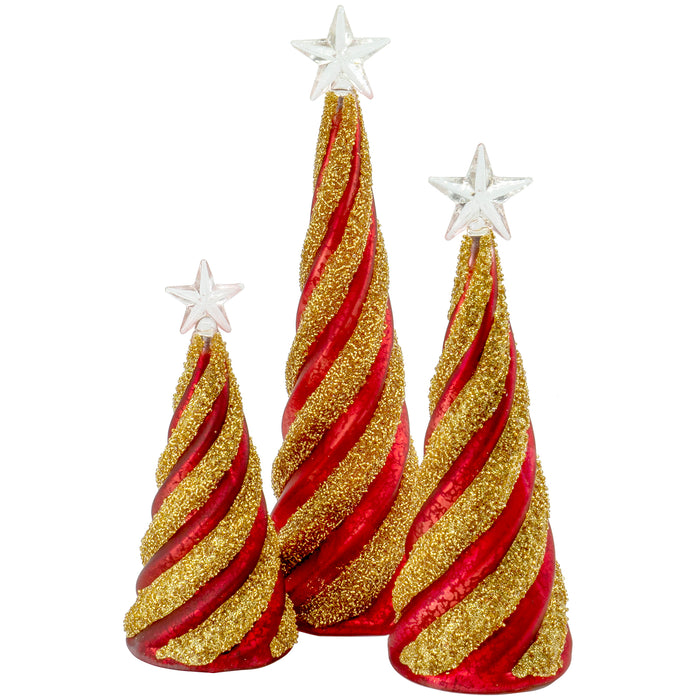 Red Co. Glass Christmas Tree Figurine Ornaments, Festive Gold and Red Light-Up Holiday Season Decor, 11-inch, 9.5-inch, 8-inch, Set of 3