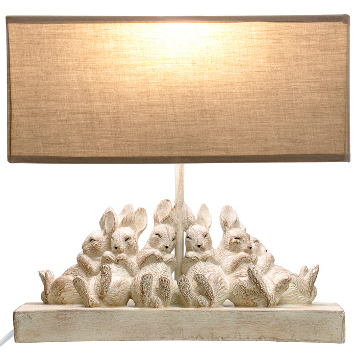 Resin Table Lamp with Linen Shade, Country Farmhouse Inspired Litter of Rabbits Design, 14-inch