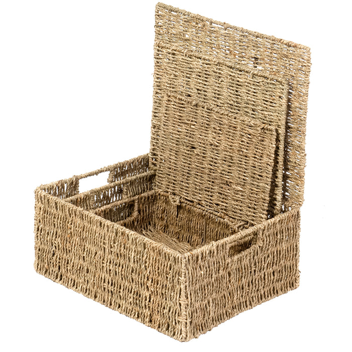 Red Co. Multi-Purpose Square Seagrass Basket Set of 3 with Lids, Storage Containers, Home Organizers