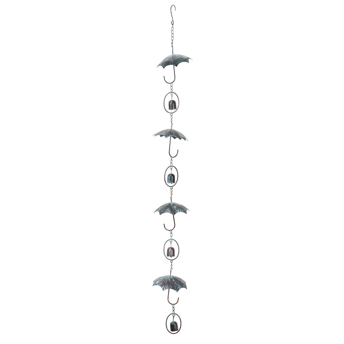 Red Co. 4-Foot Decorative Hanging Metal Rain Chain & Garden Rainwater Catcher – Patina Umbrella with Bells