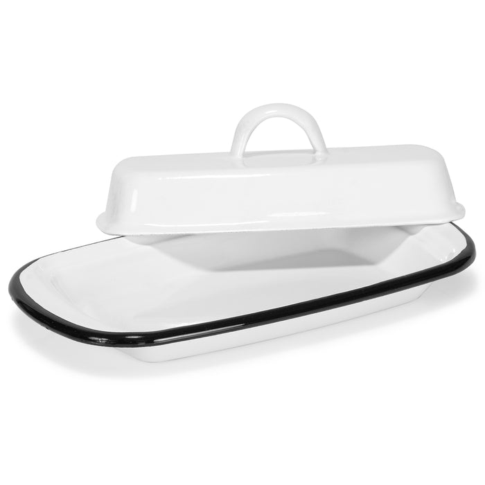 Red Co. 7.75” x 4.5” Enamelware Metal Cheese Server & Butter Dish Holder with Dome Lid, Distressed White/Black Rim